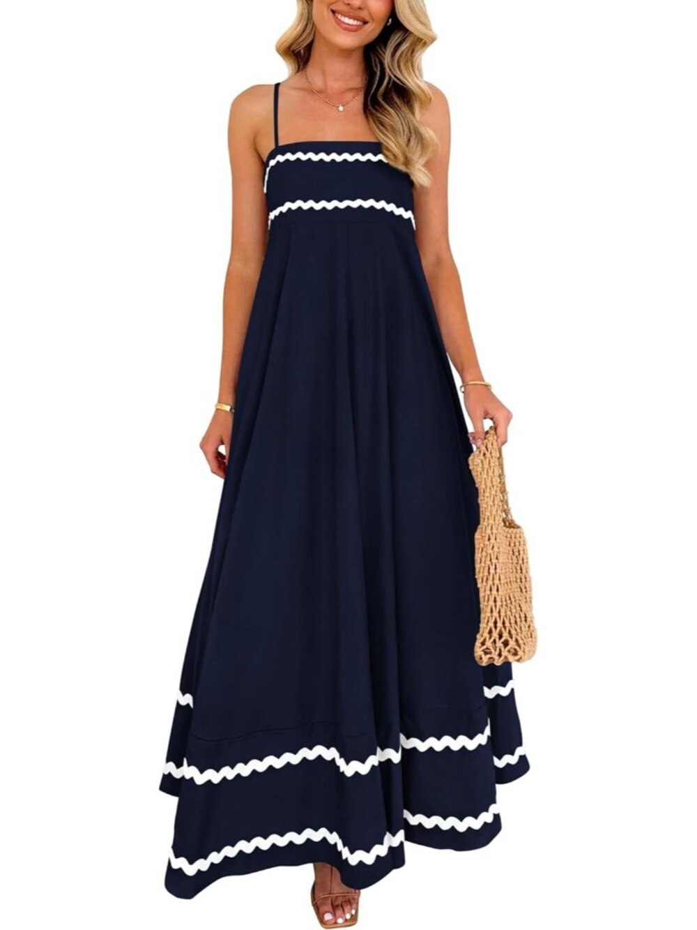 Women's Dark Blue Flowy Maxi Summer Sleeveless Strap Ruffle Beach Long Dress